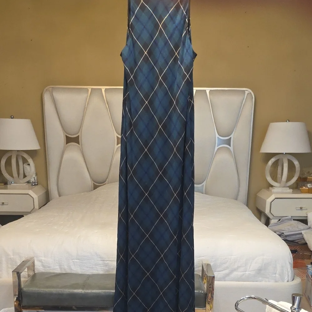 Ralph Lauren Dark Green and Navy Plaid Tie-Neck Maxi Dress with Bow - Picture 8 of 16